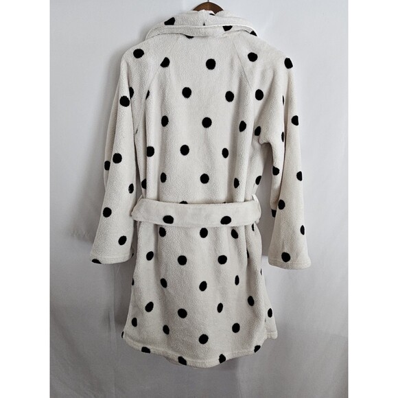 Victorias Secret robe polka dot plush fleece white black Womens XS S belt flaws - Picture 2 of 8